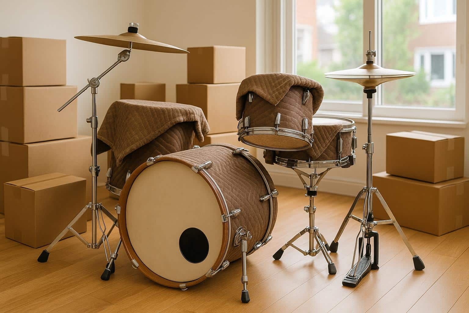 Drum set packed in moving boxes, ready for transport into a new house, moving tips concept