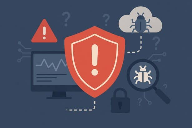 Illustration of cybersecurity threat detection and response system with alert icons and network shield