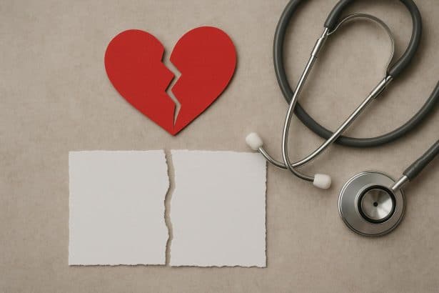 Broken wedding ring on a medical report representing health impacts of divorce according to research