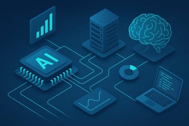 Abstract AI network graphic representing enterprise AI development and digital transformation.