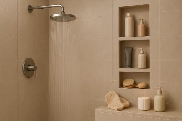 Luxurious bathroom featuring assorted self-care products for a modern "Everything Shower" routine