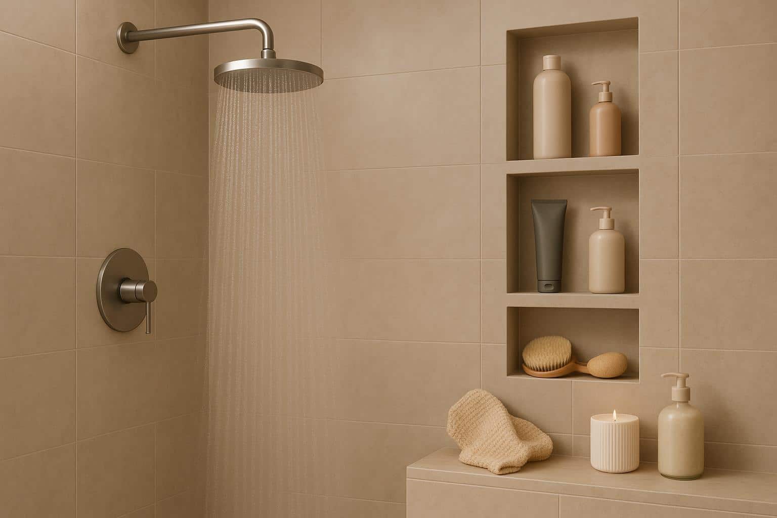 Luxurious bathroom featuring assorted self-care products for a modern "Everything Shower" routine