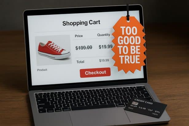 Suspicious online shopping deal with exaggerated discounts and warning signs for scams