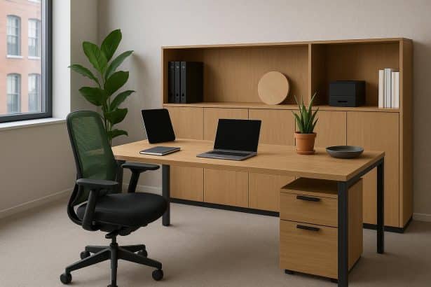 Modern ergonomic office desk with adjustable chair and organized workspace essentials