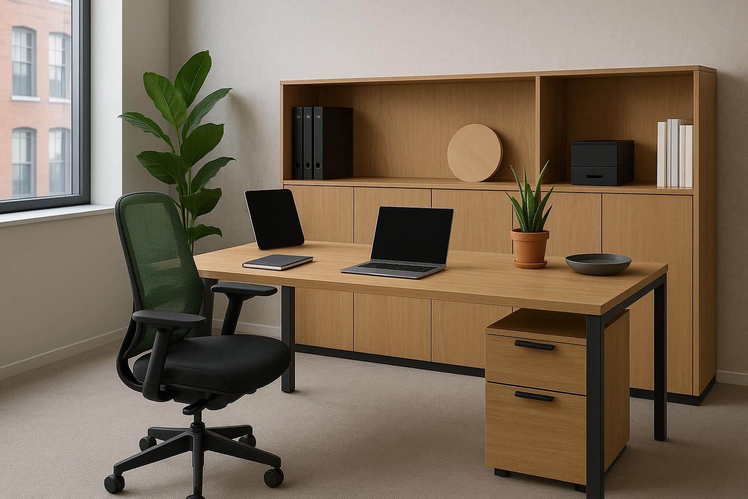 Modern ergonomic office desk with adjustable chair and organized workspace essentials