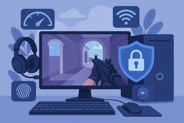 Gaming setup with high-speed computer, secure VPN connection, and privacy protection features