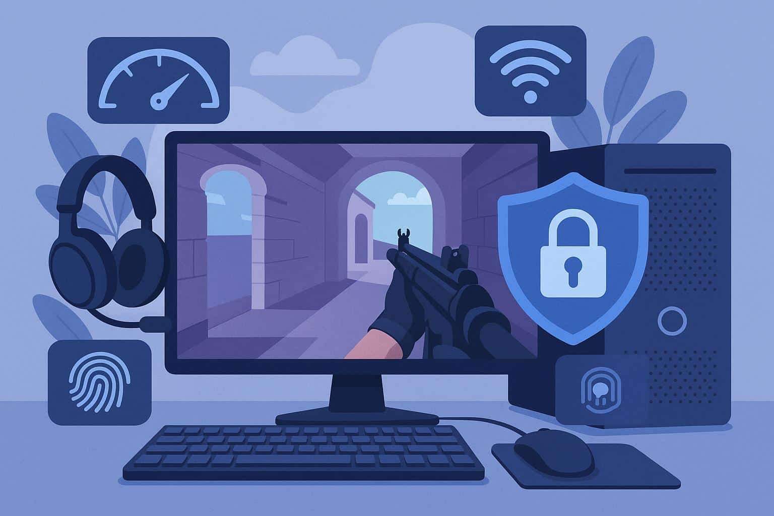 Gaming setup with high-speed computer, secure VPN connection, and privacy protection features