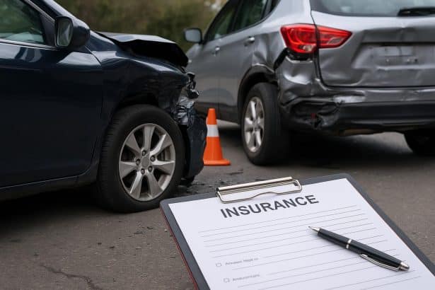 Damaged cars after accident on wet Bergen County road for car accident claim advice article