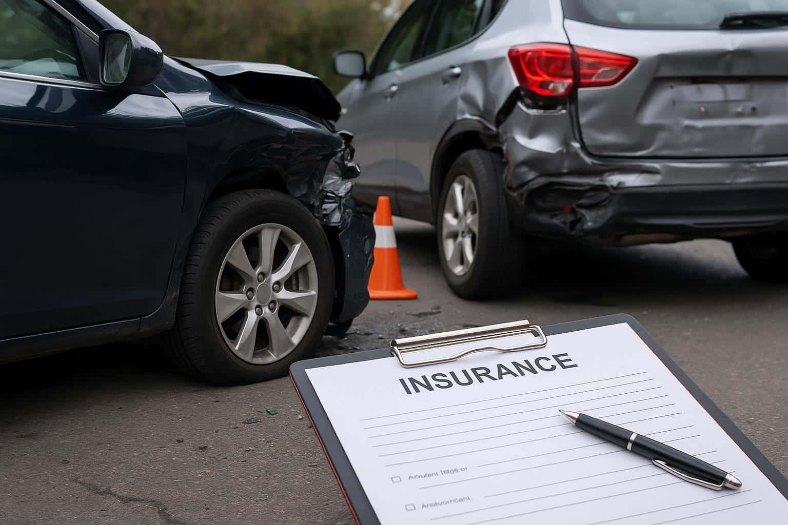 Damaged cars after accident on wet Bergen County road for car accident claim advice article