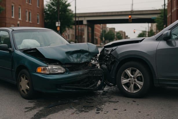 Damaged cars on a Baltimore street after an accident, highlighting vehicle collision aftermath