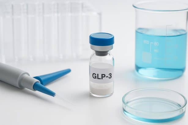Laboratory vials labeled GMR Peptides and GLP-3 research chemicals on a scientific workspace
