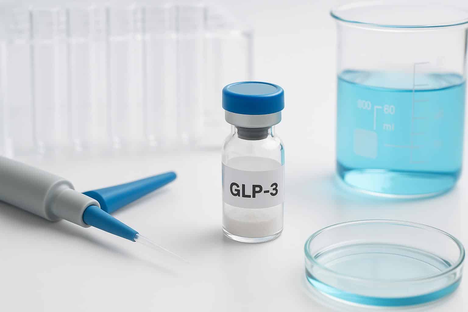Laboratory vials labeled GMR Peptides and GLP-3 research chemicals on a scientific workspace