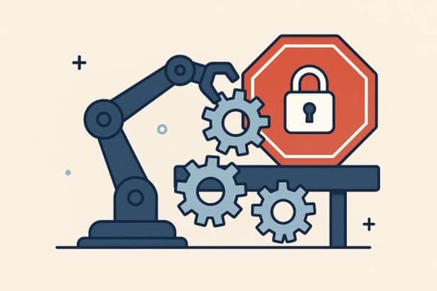 Conceptual graphic illustrating automated tasks facing security barriers and effective solutions.