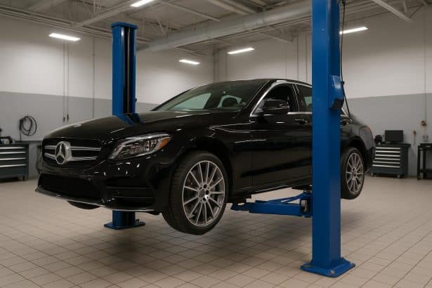High-end cars parked outside premium auto service center highlighting selective maintenance choices