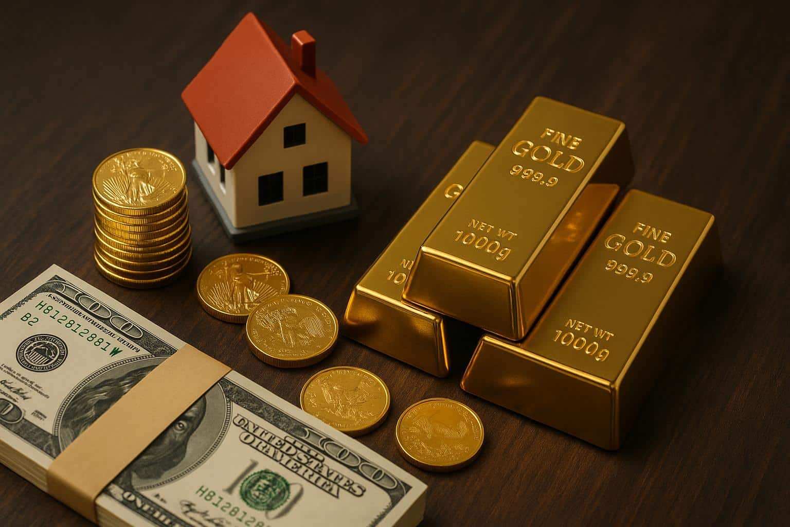 Gold bars and silver coins stacked to represent the resurgence of hard assets investments