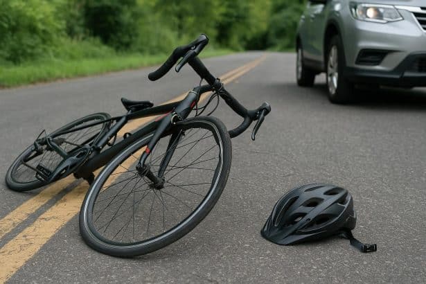 Damaged bicycle on rural Litchfield County road after accident, highlighting cyclist safety