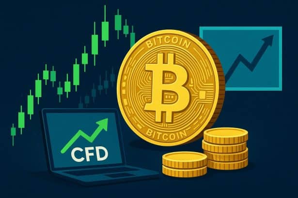 Bitcoin CFDs trading platform interface showing price charts and buy options for new traders
