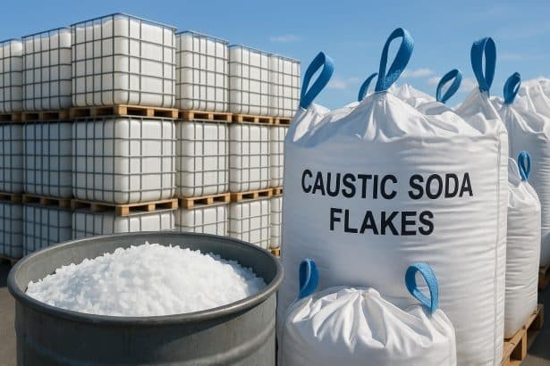 Stacks of caustic soda flakes in industrial packaging for bulk distribution in the US