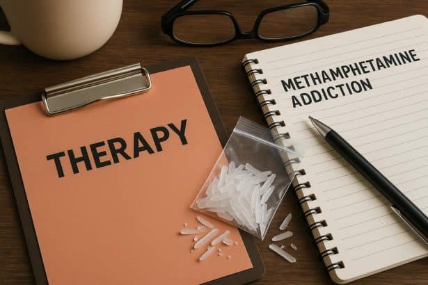 Therapy session supporting methamphetamine addiction recovery with counselor and patient talking