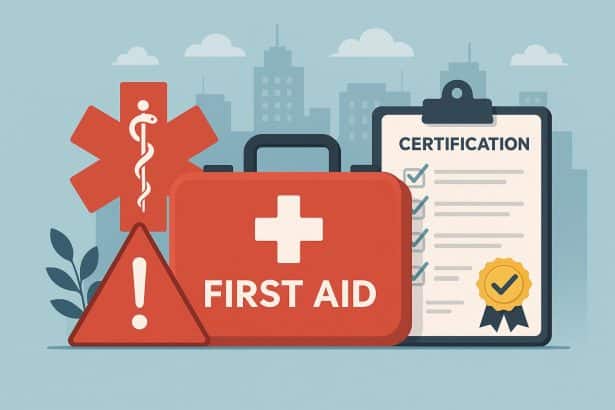First aid training kit and emergency preparedness supplies in a modern urban office setting