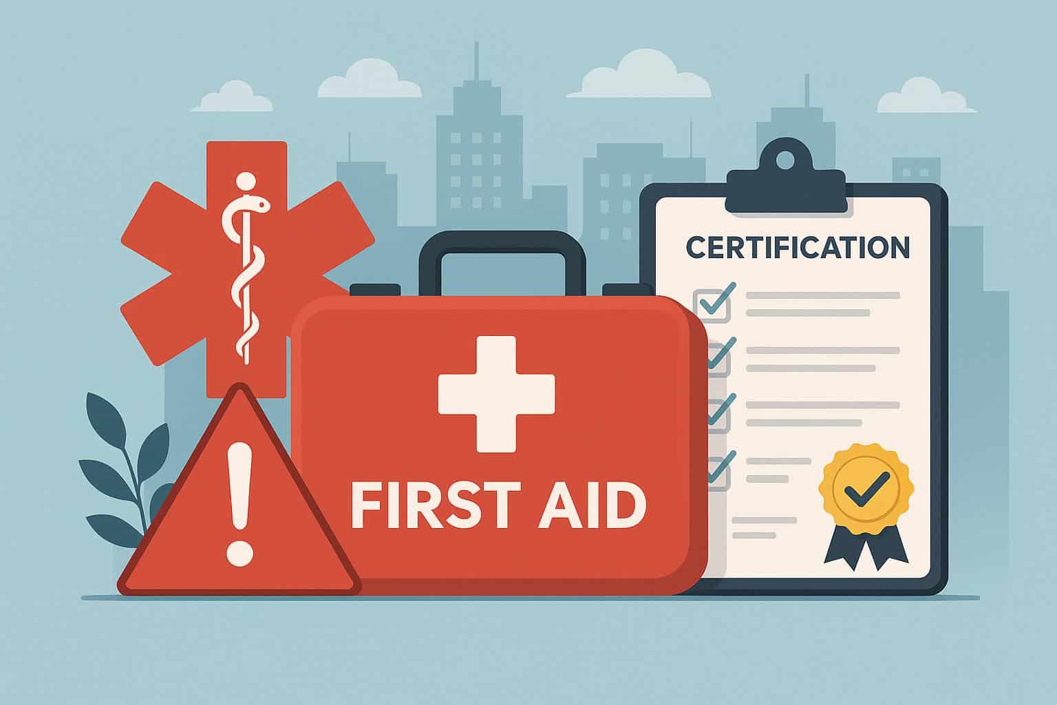 First aid training kit and emergency preparedness supplies in a modern urban office setting
