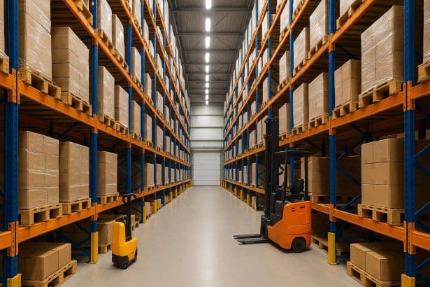 Modern warehouse layout with organized shelving and efficient storage solutions for fit out optimization