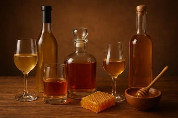 Selection of mead bottles and honey jars arranged on a rustic wooden table with fresh honeycomb