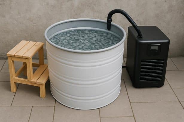 Cold plunge ice bath setup with water and ice for muscle recovery and post-workout therapy