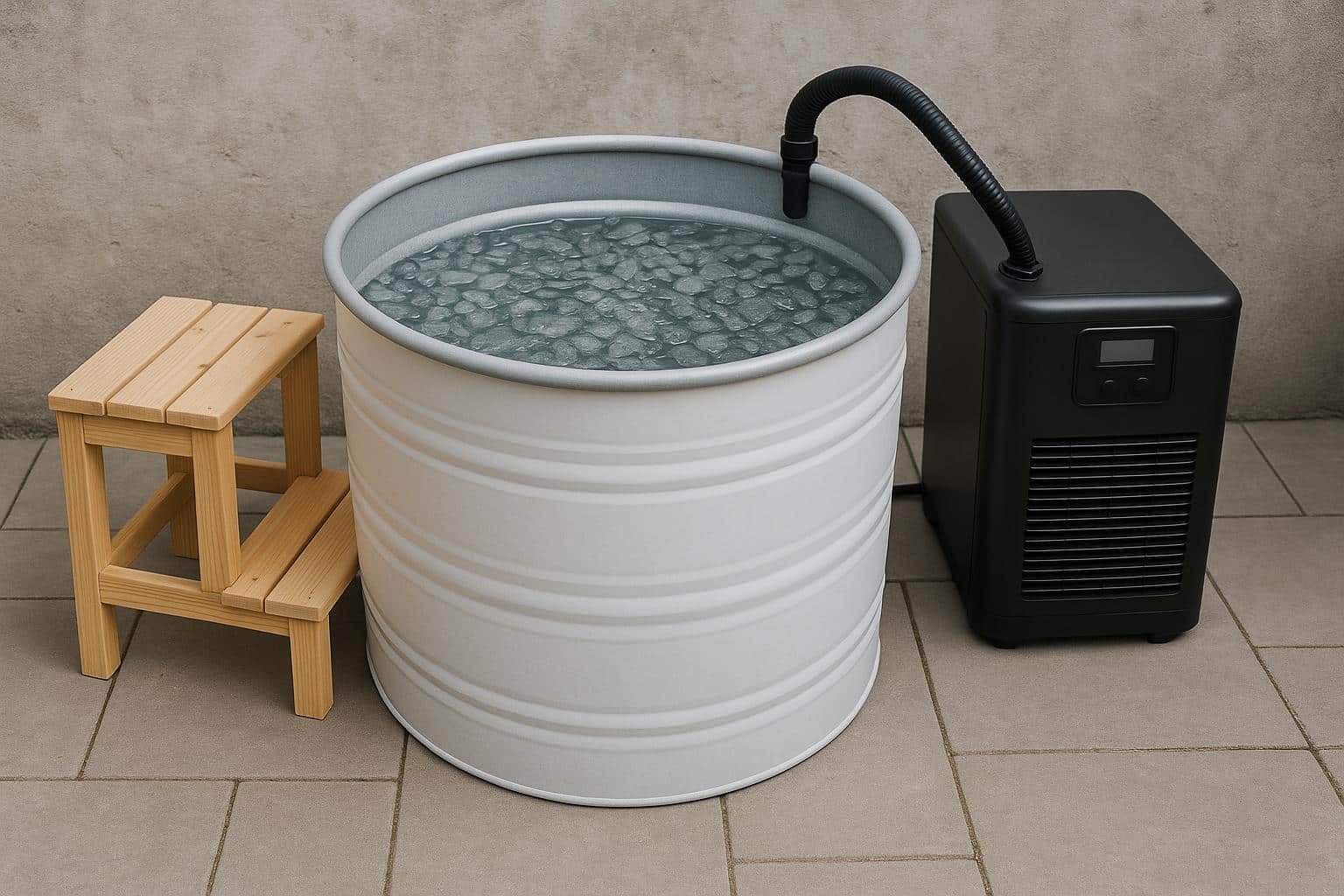 Cold plunge ice bath setup with water and ice for muscle recovery and post-workout therapy