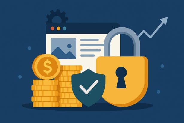 Shield icon securing website dashboard, symbolizing website support and revenue protection