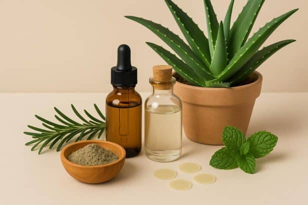 Herbal skincare products and plants representing holistic naturopathic acne treatment