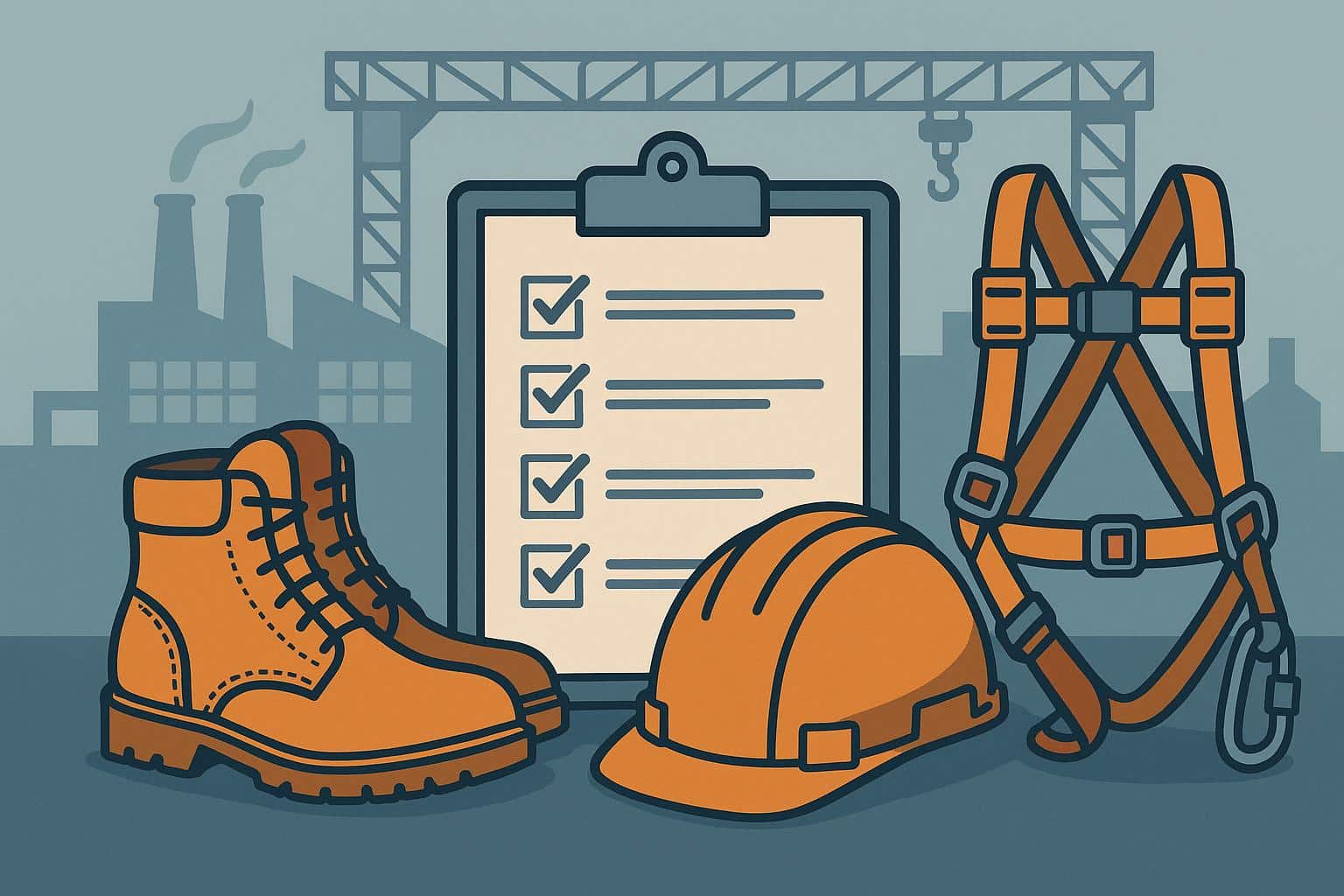 Safety harnesses and guardrails installed on factory rooftop for working at height compliance