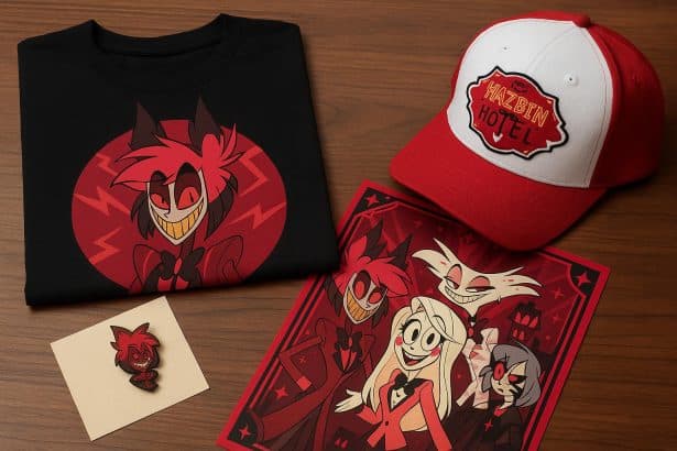 Official Hazbin Hotel merchandise display featuring branded apparel, plush toys, and accessories