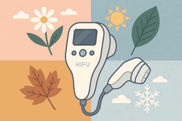Skincare products and facial tools for seasonal preparation before HIFU skin treatment