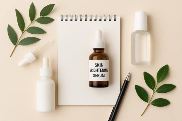 Various skin brightening serums displayed alongside skincare products for different skin types