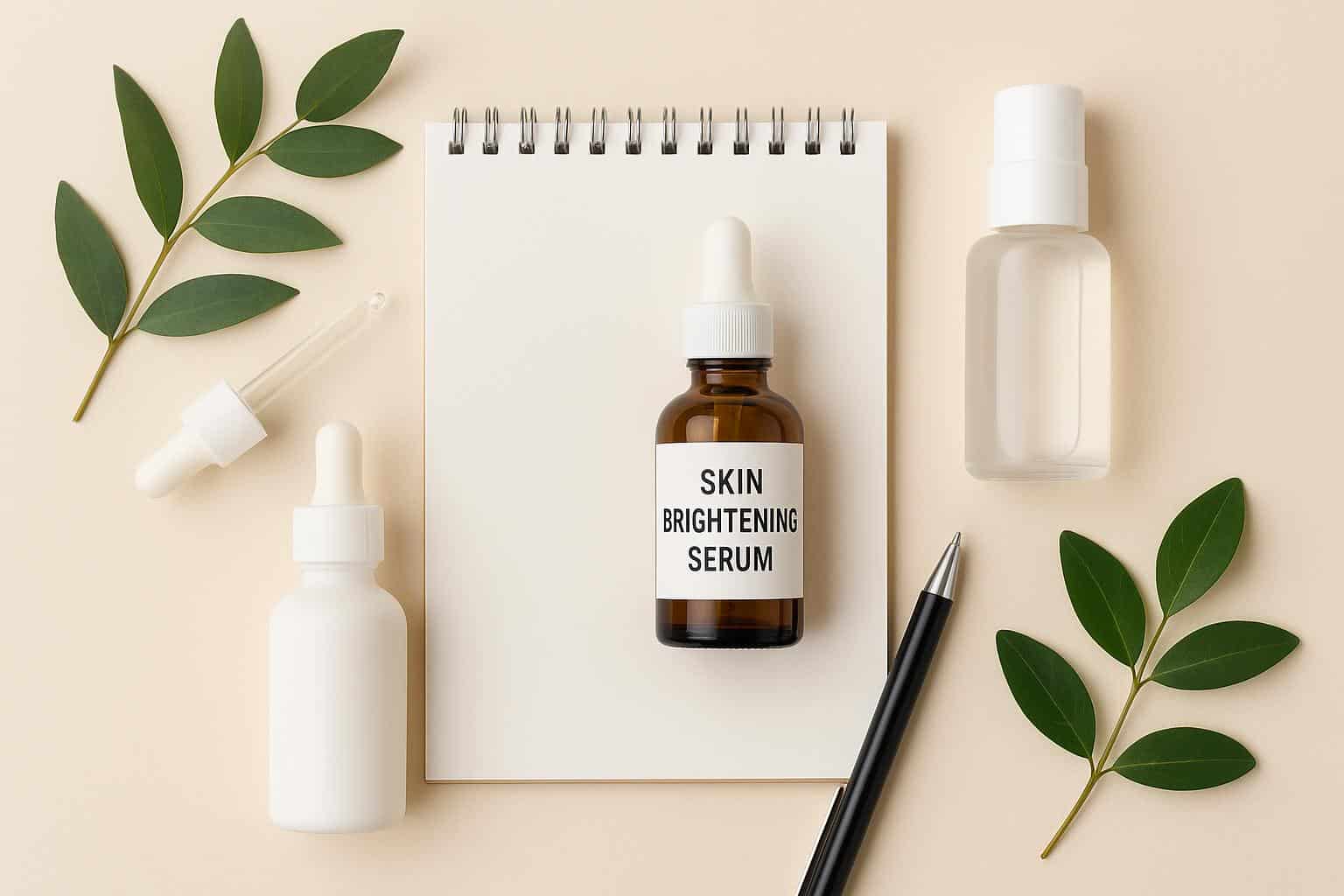 Various skin brightening serums displayed alongside skincare products for different skin types