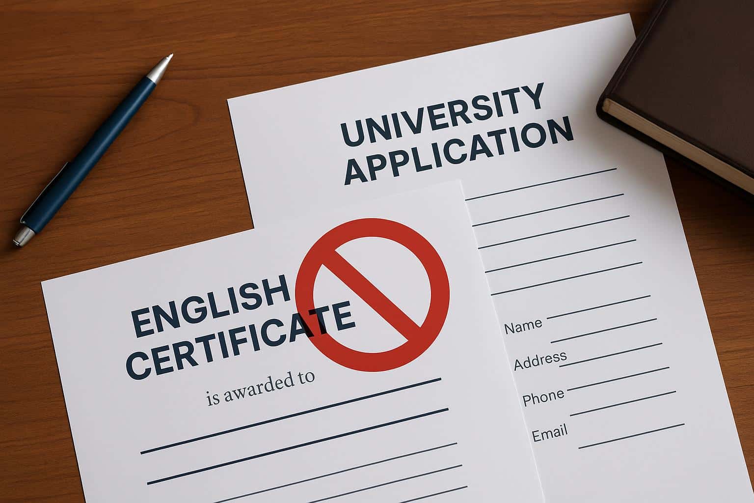 English certificate with university application documents and rejection stamp on a desk