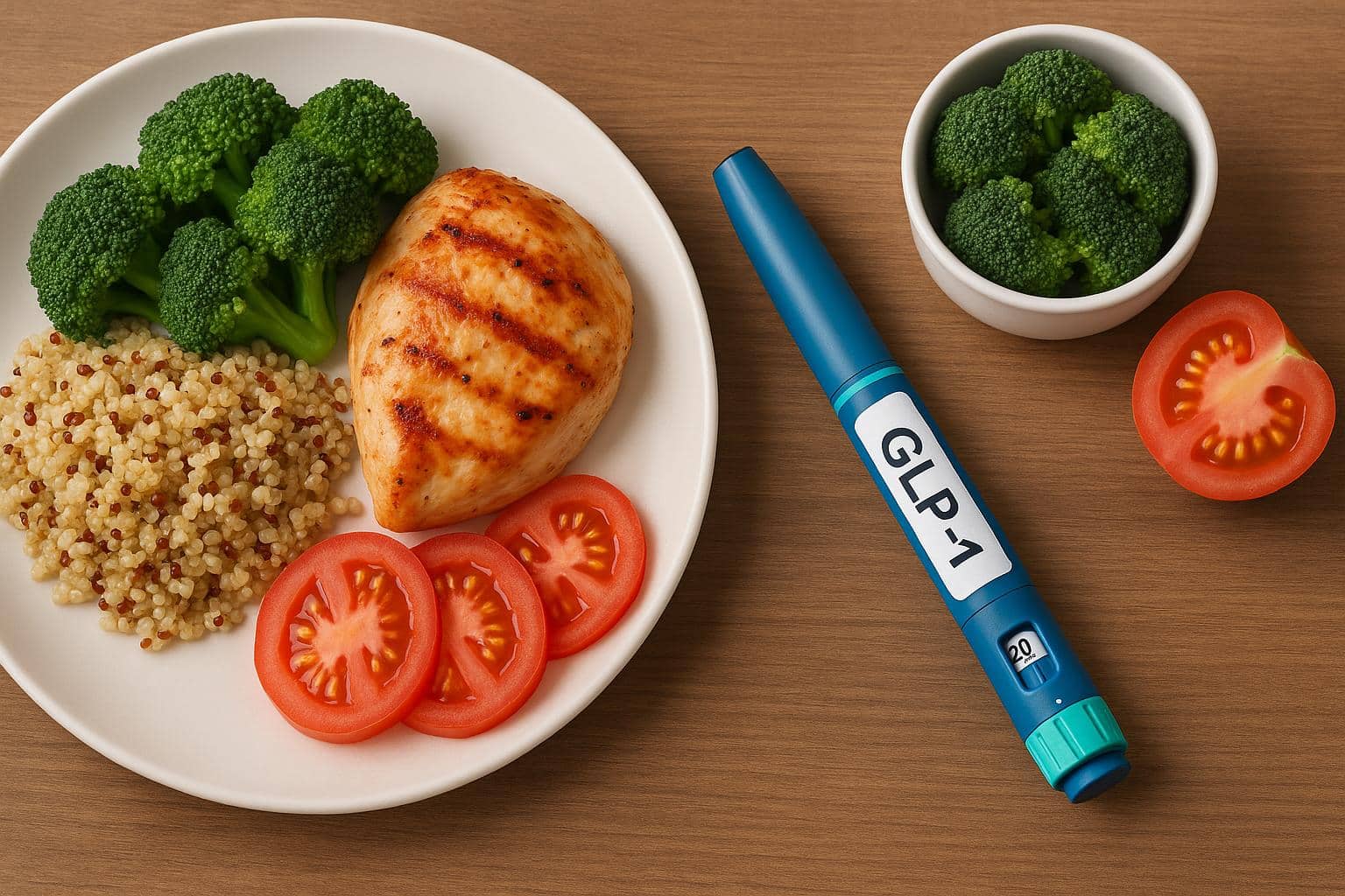 Colorful healthy meal options for GLP-1 therapy highlighting appetite-friendly nutrition choices