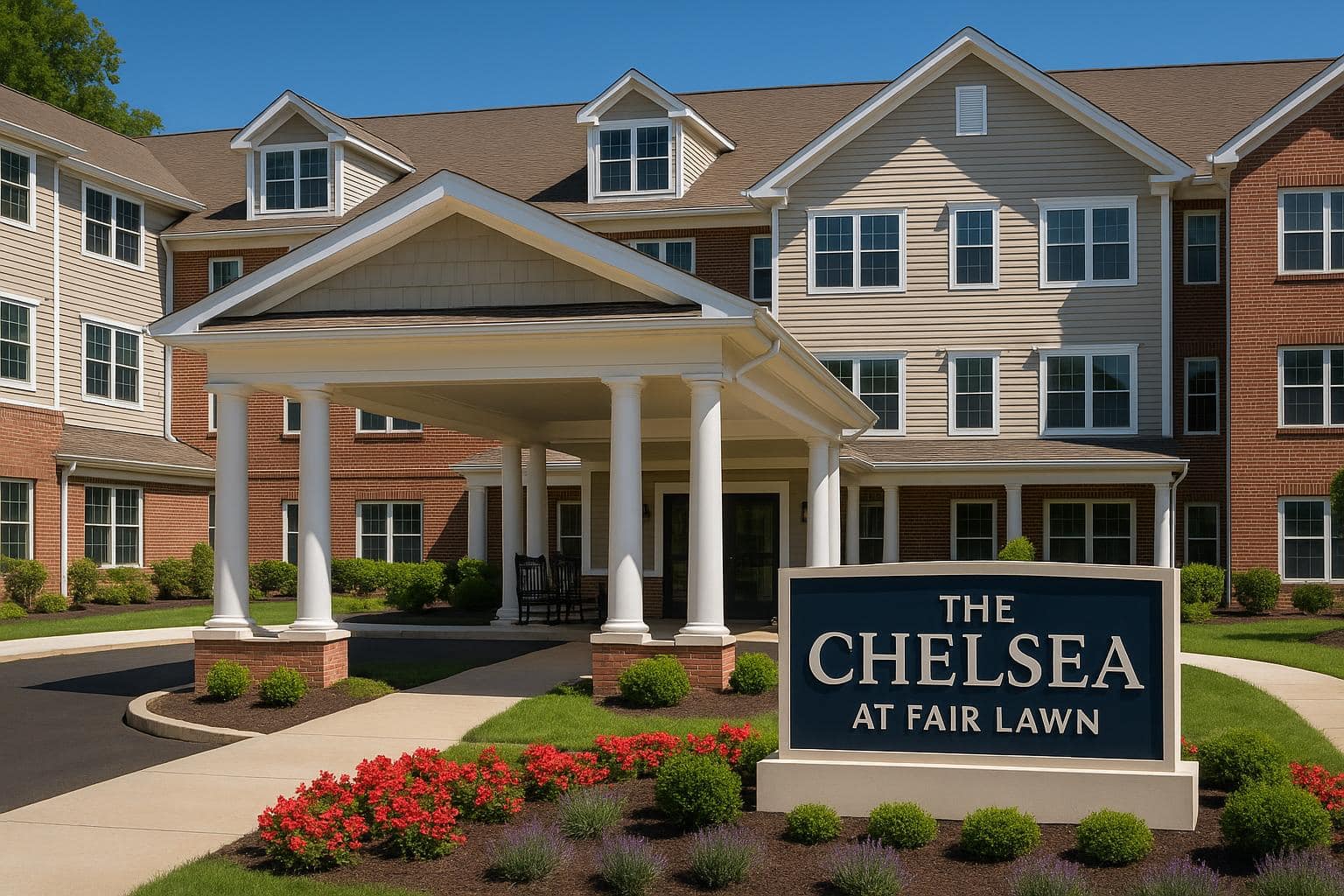 Modern senior living community exterior at The Chelsea at Fair Lawn in New Jersey
