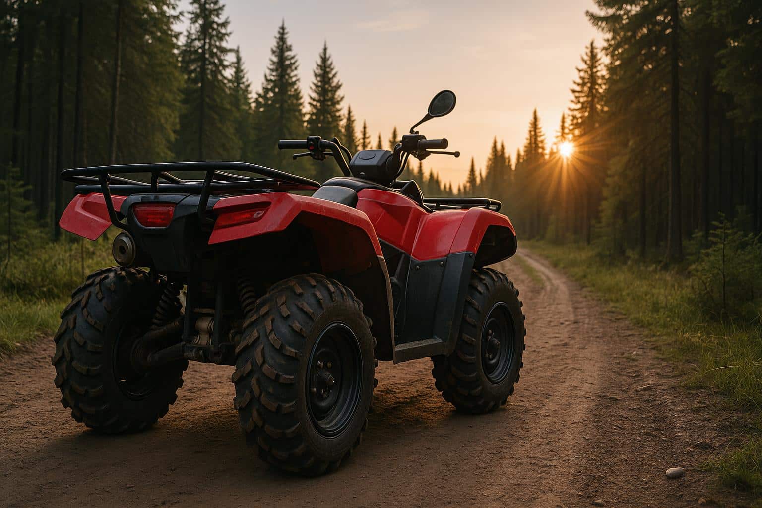 ATV parked on Ontario trail surrounded by forest, highlighting off-road vehicle riding season
