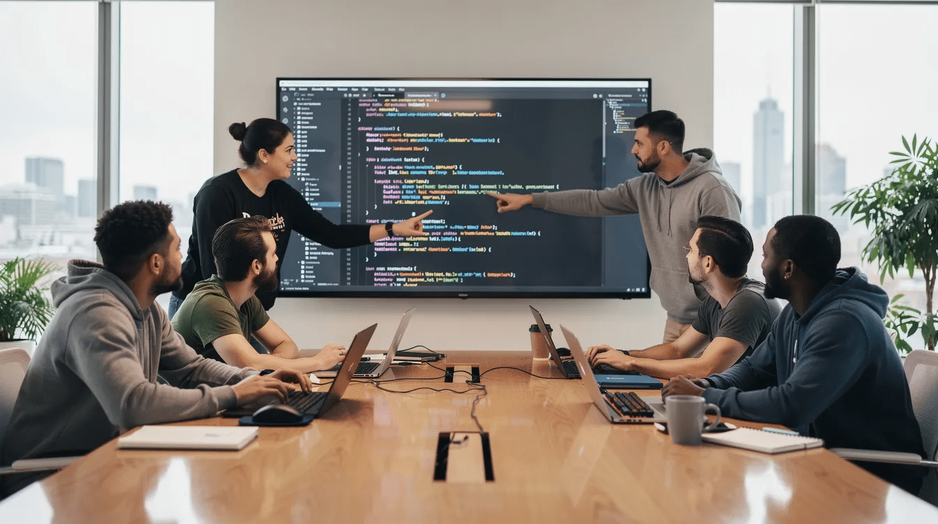 A team of developers is collaborating in a modern office, intently focused on a large shared screen displaying lines of code. They are likely utilizing various AI coding tools and agents to enhance their software development tasks, discussing code changes and improvements together.