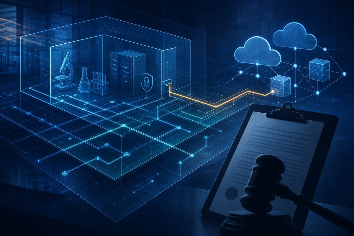 Abstract secure AI testing network with an amber connection reaching external cloud nodes.