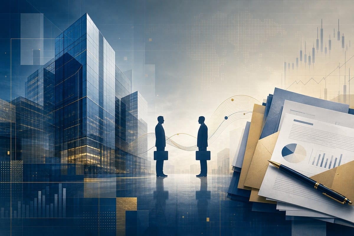 Abstract corporate towers and transaction documents connected by a financial line.