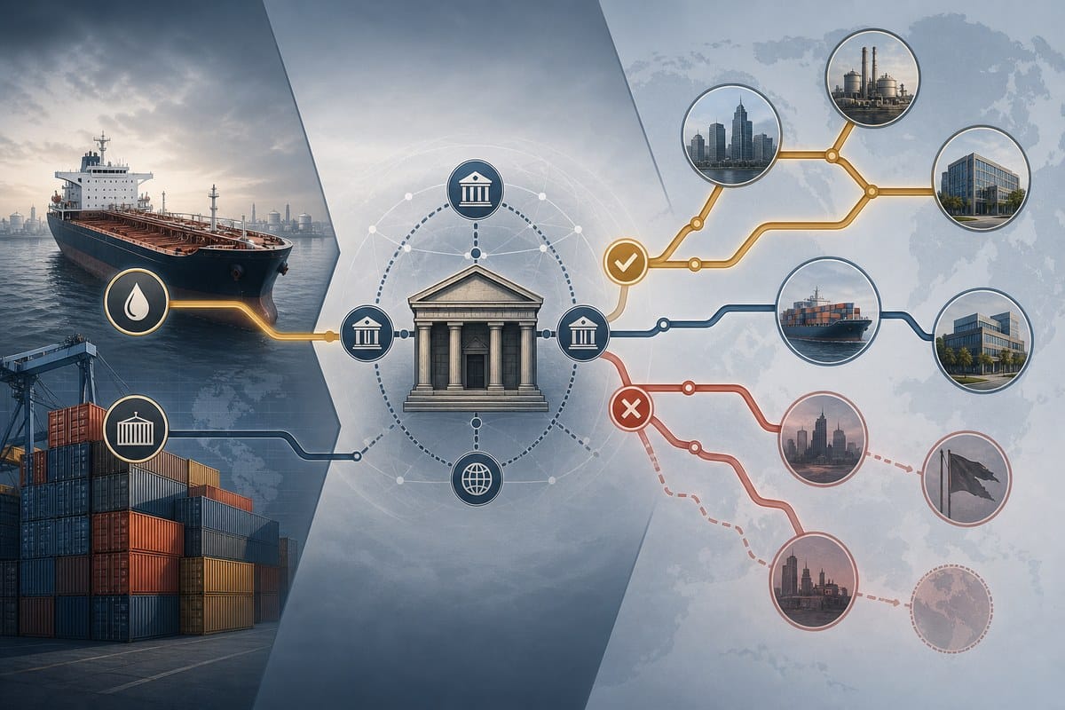 Conceptual diagram of oil shipping, bank payments and business links exposed to sanctions risk.
