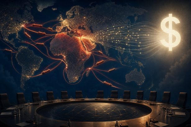 Abstract trade routes, cargo ships and financial network lines around the Middle East.