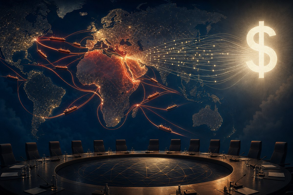 Abstract trade routes, cargo ships and financial network lines around the Middle East.