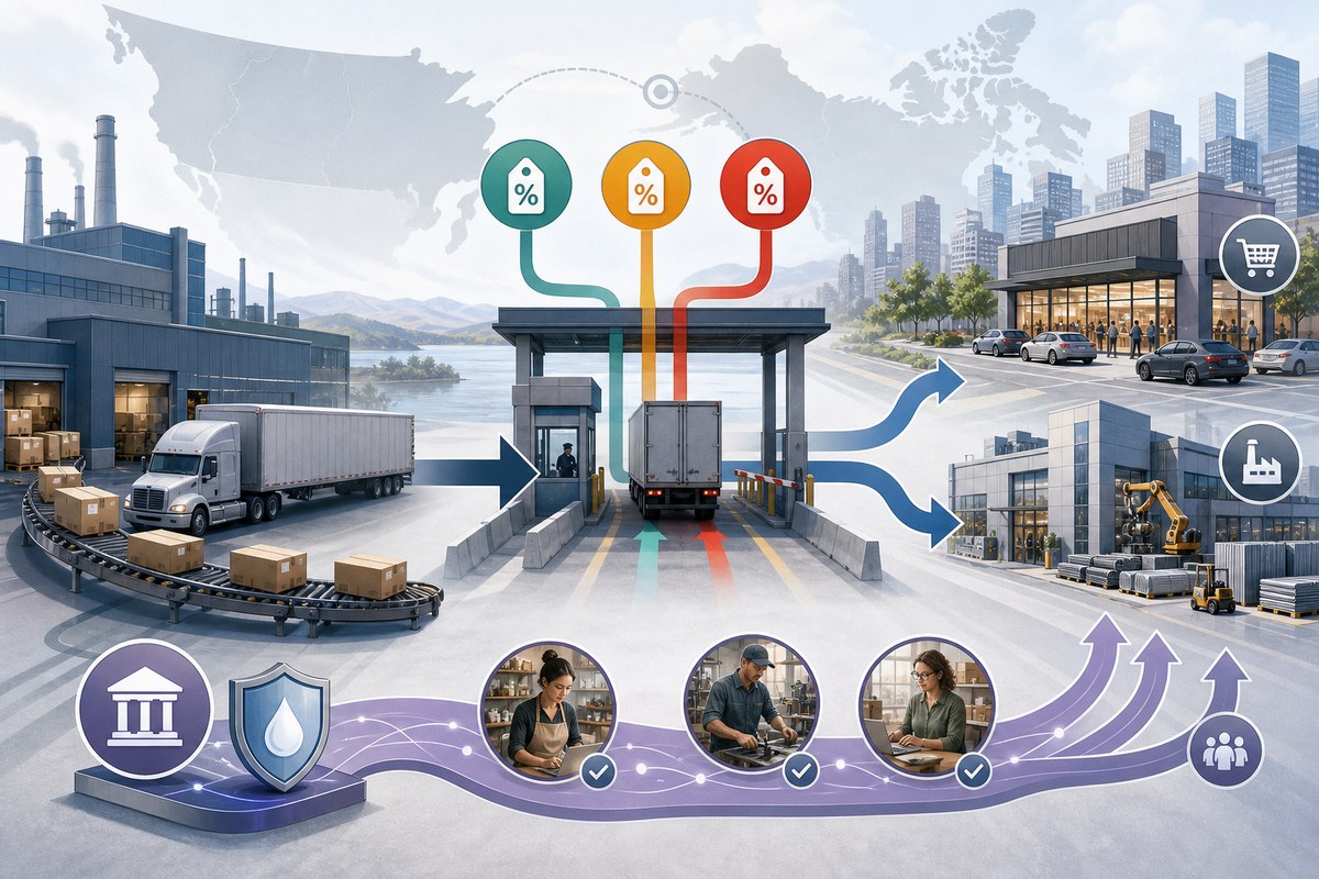Conceptual cross-border supply chain showing tiered tariffs on U.S. goods entering Canada and liquidity support for businesses.