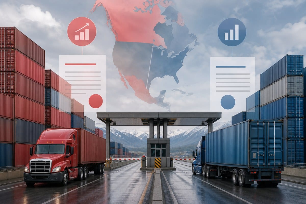Unbranded cargo containers and trucks moving through a Canada-U.S. border customs checkpoint.