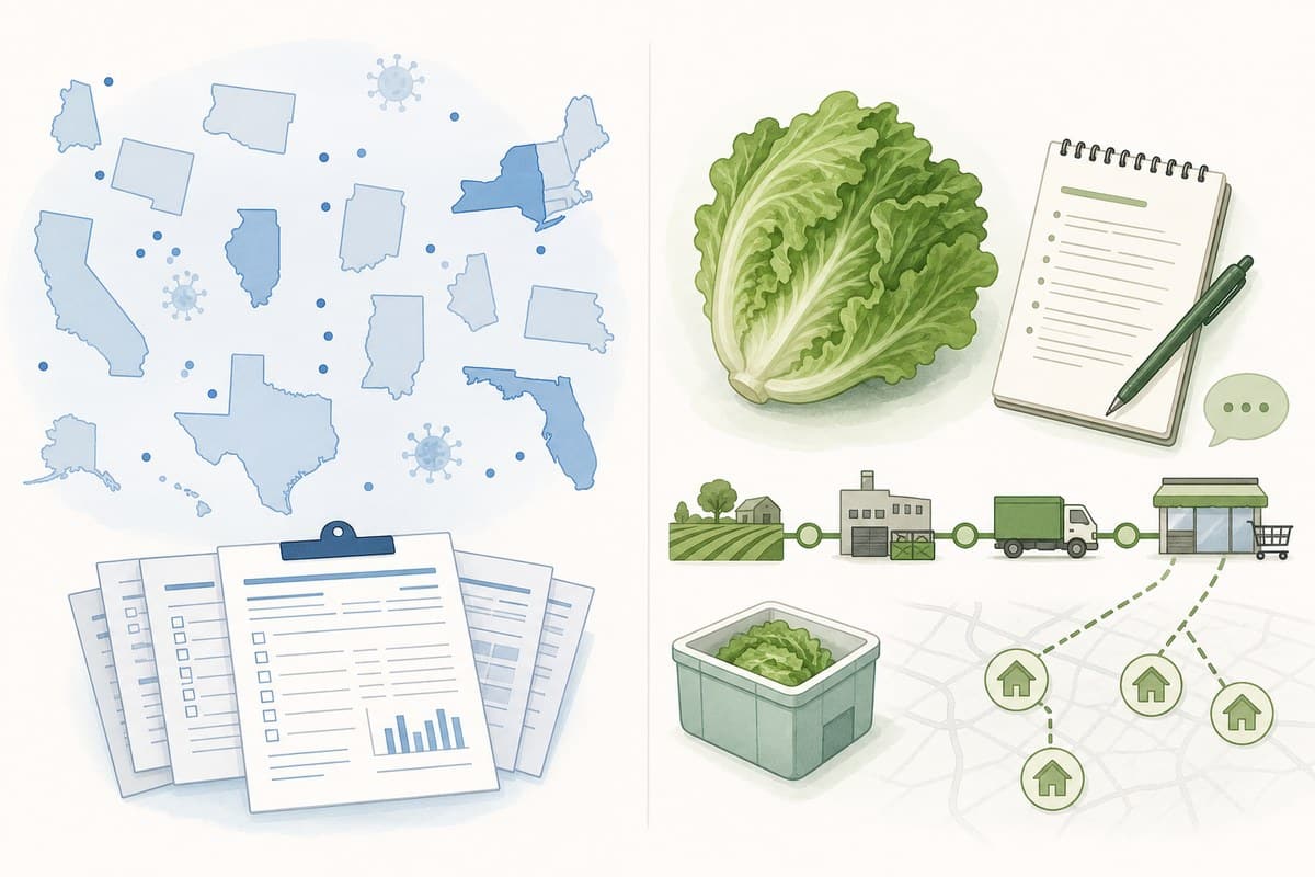 Illustration contrasting nationwide disease surveillance with a focused lettuce outbreak investigation.