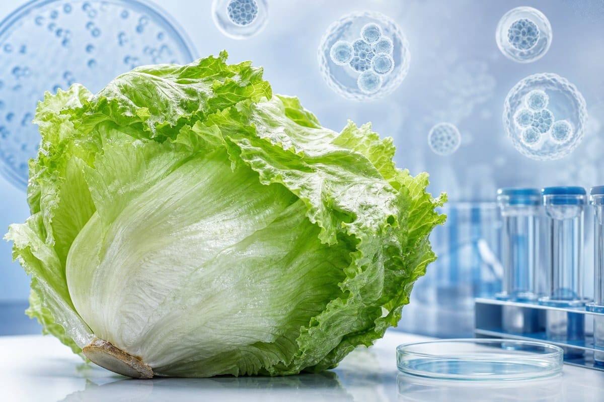 Conceptual illustration of iceberg lettuce with microscopic parasite forms in the background.